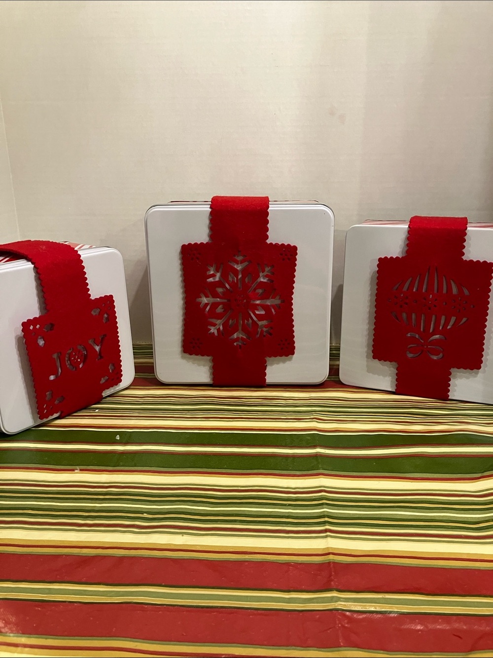 Festive White Holiday Tin with Red Felt Accent - Home Holiday